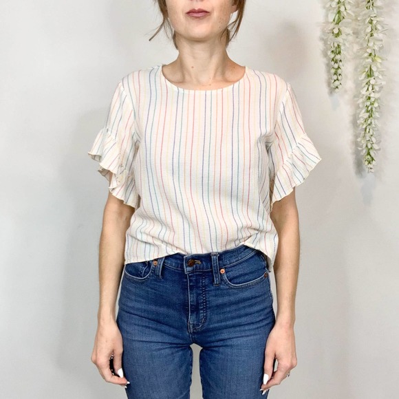 DREW rainbow stripe ruffle sleeve top 100% cotton kidcore rainbowcore - Picture 6 of 11